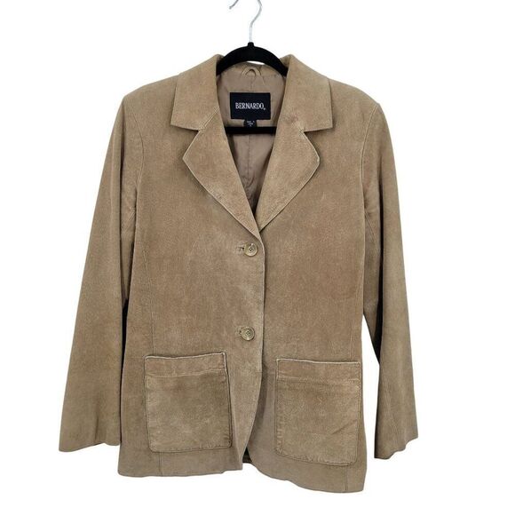 Vtg Bernardo Womens Sz M Camel Genuine Leather Blazer Jacket Shacket Pocket Tan - Picture 1 of 10
